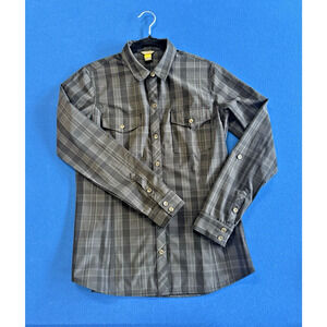 Eddie Bauer, women’s long sleeve, button up, polyester, Gray Black Plaid Medium